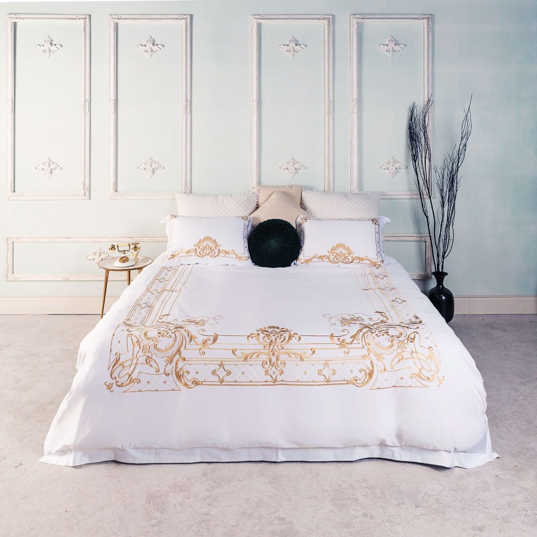 Ivy Gold Forest White and Gold Duvet Cover Set (Long-staple Sateen Cotton) SEPHIRA Queen