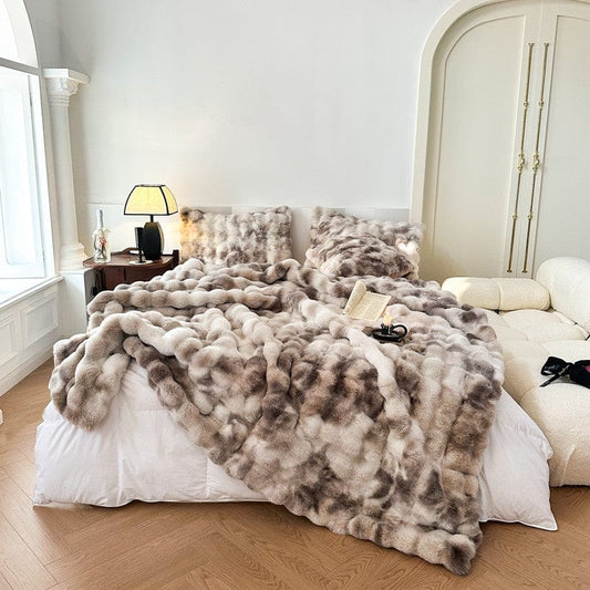 Tie Dye Rabbit Faux-Fur Blanket Throw SEPHIRA Brown 200x200cm